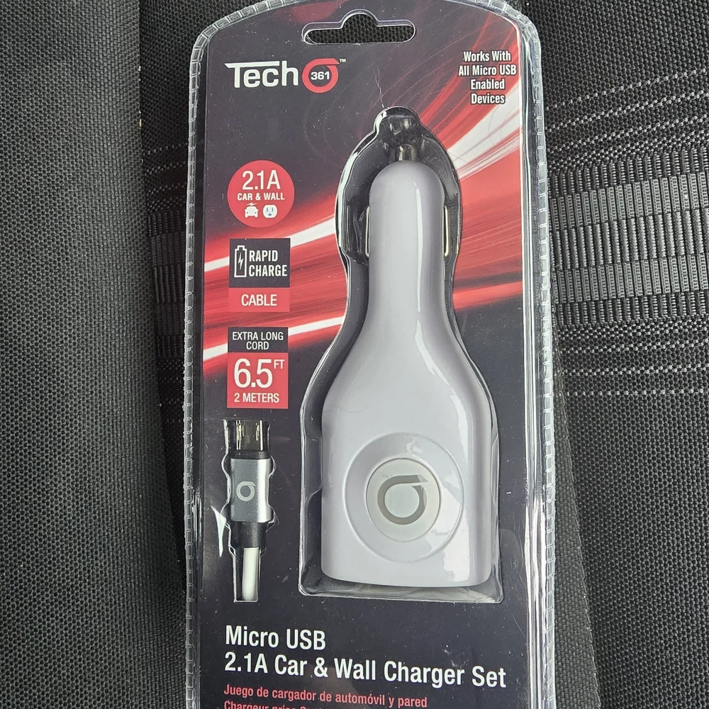2.1A USB Charge Cord Car and wall Charger Set. cord 6.5 ft long